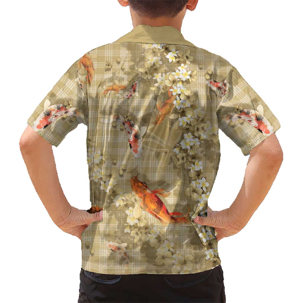 Beige Palaka Hawaiian And Japanese Family Matching Off Shoulder Maxi Dress and Hawaiian Shirt Sakura Lei With Koi Fish DT05 - Polynesian Pride