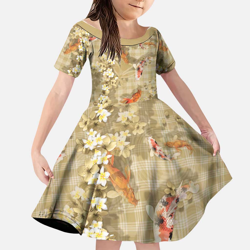 Beige Palaka Hawaiian And Japanese Family Matching Off Shoulder Maxi Dress and Hawaiian Shirt Sakura Lei With Koi Fish DT05 Daughter's Dress Beige - Polynesian Pride