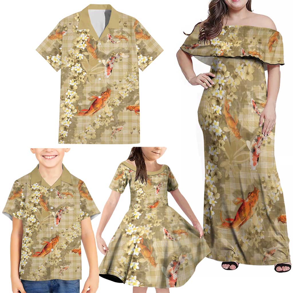 Beige Palaka Hawaiian And Japanese Family Matching Off Shoulder Maxi Dress and Hawaiian Shirt Sakura Lei With Koi Fish DT05 - Polynesian Pride