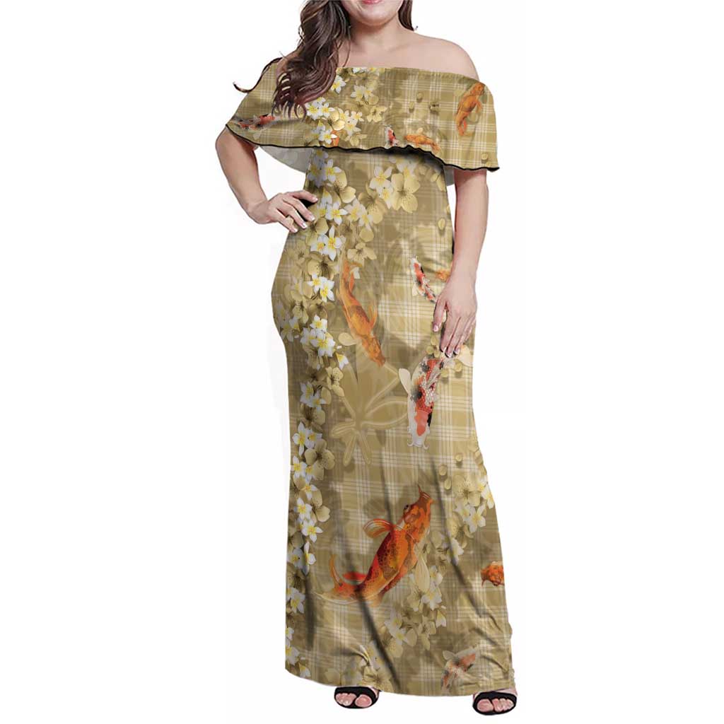 Beige Palaka Hawaiian And Japanese Family Matching Off Shoulder Maxi Dress and Hawaiian Shirt Sakura Lei With Koi Fish DT05 Mom's Dress Beige - Polynesian Pride