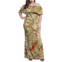 Beige Palaka Hawaiian And Japanese Family Matching Off Shoulder Maxi Dress and Hawaiian Shirt Sakura Lei With Koi Fish DT05 Mom's Dress Beige - Polynesian Pride