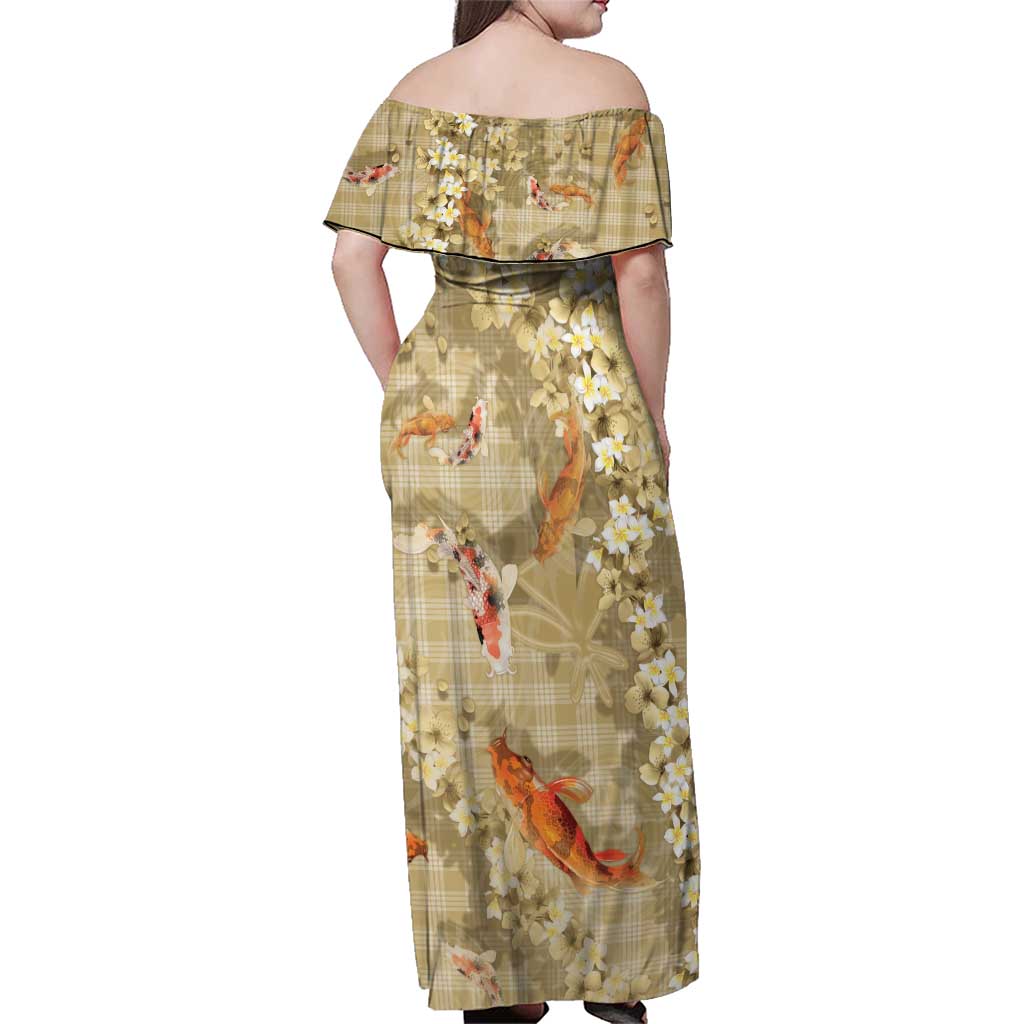 Beige Palaka Hawaiian And Japanese Family Matching Off Shoulder Maxi Dress and Hawaiian Shirt Sakura Lei With Koi Fish DT05 - Polynesian Pride