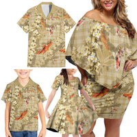 Beige Palaka Hawaiian And Japanese Family Matching Off Shoulder Short Dress and Hawaiian Shirt Sakura Lei With Koi Fish DT05 - Polynesian Pride