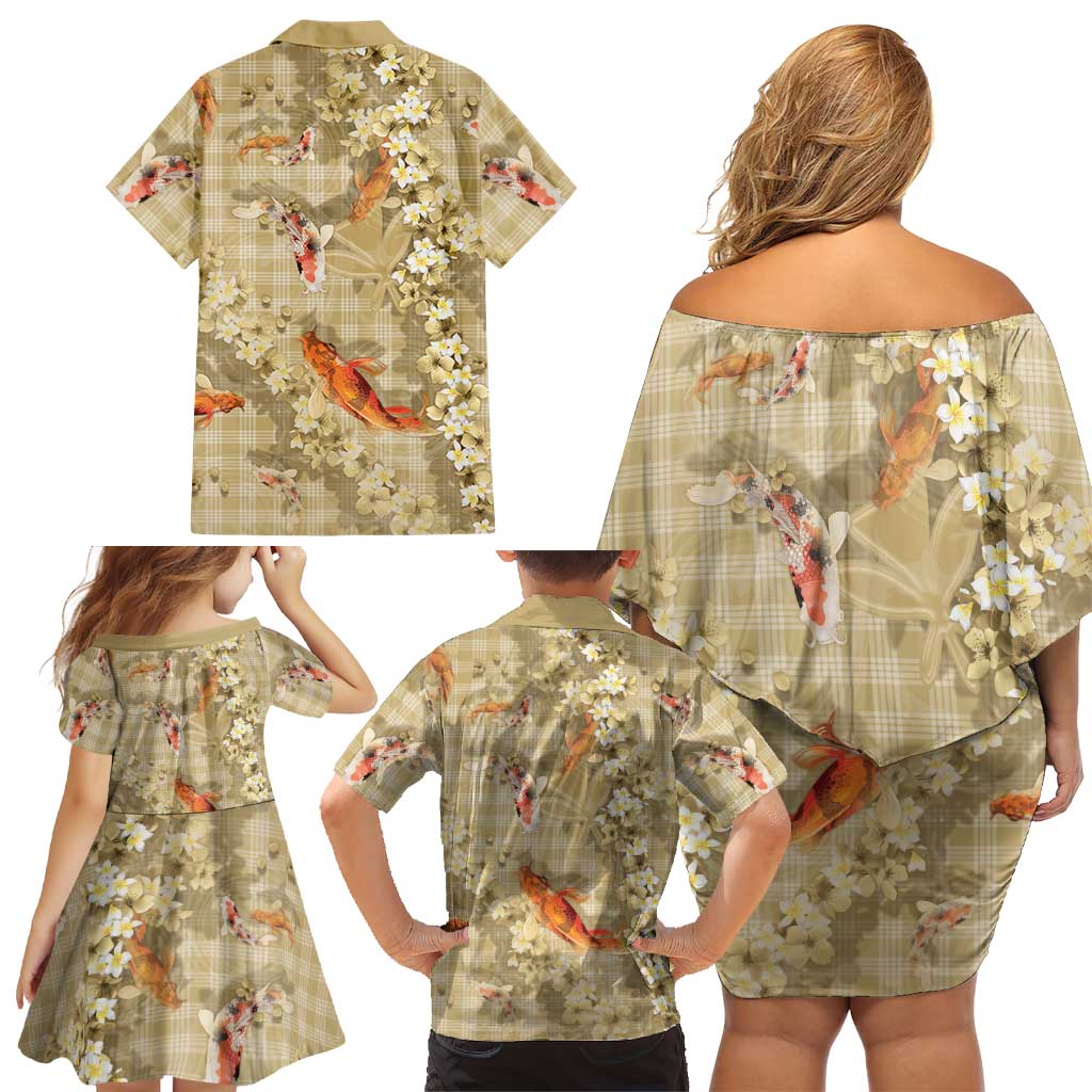Beige Palaka Hawaiian And Japanese Family Matching Off Shoulder Short Dress and Hawaiian Shirt Sakura Lei With Koi Fish DT05 - Polynesian Pride