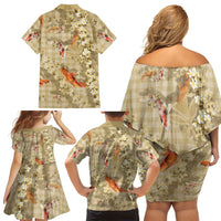 Beige Palaka Hawaiian And Japanese Family Matching Off Shoulder Short Dress and Hawaiian Shirt Sakura Lei With Koi Fish DT05 - Polynesian Pride