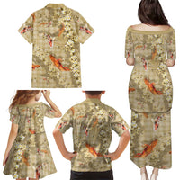 Beige Palaka Hawaiian And Japanese Family Matching Puletasi and Hawaiian Shirt Sakura Lei With Koi Fish DT05 - Polynesian Pride