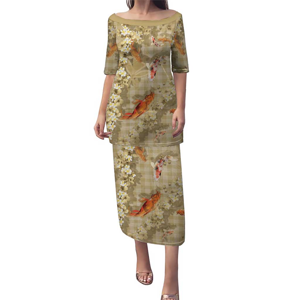 Beige Palaka Hawaiian And Japanese Family Matching Puletasi and Hawaiian Shirt Sakura Lei With Koi Fish DT05 Mom's Dress Beige - Polynesian Pride