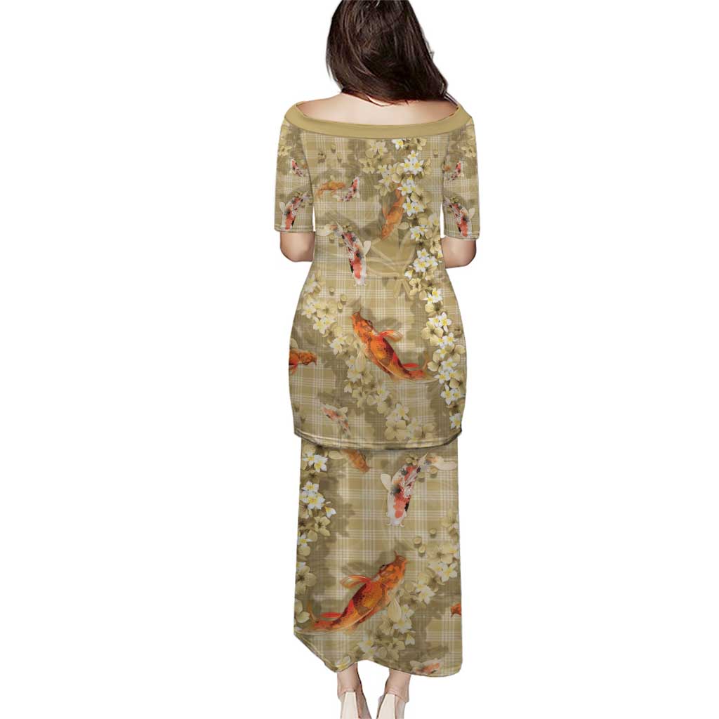 Beige Palaka Hawaiian And Japanese Family Matching Puletasi and Hawaiian Shirt Sakura Lei With Koi Fish DT05 - Polynesian Pride