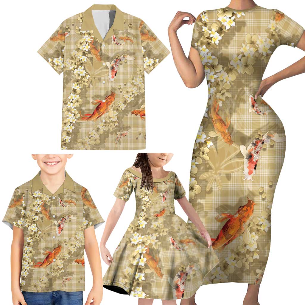 Beige Palaka Hawaiian And Japanese Family Matching Short Sleeve Bodycon Dress and Hawaiian Shirt Sakura Lei With Koi Fish DT05 - Polynesian Pride