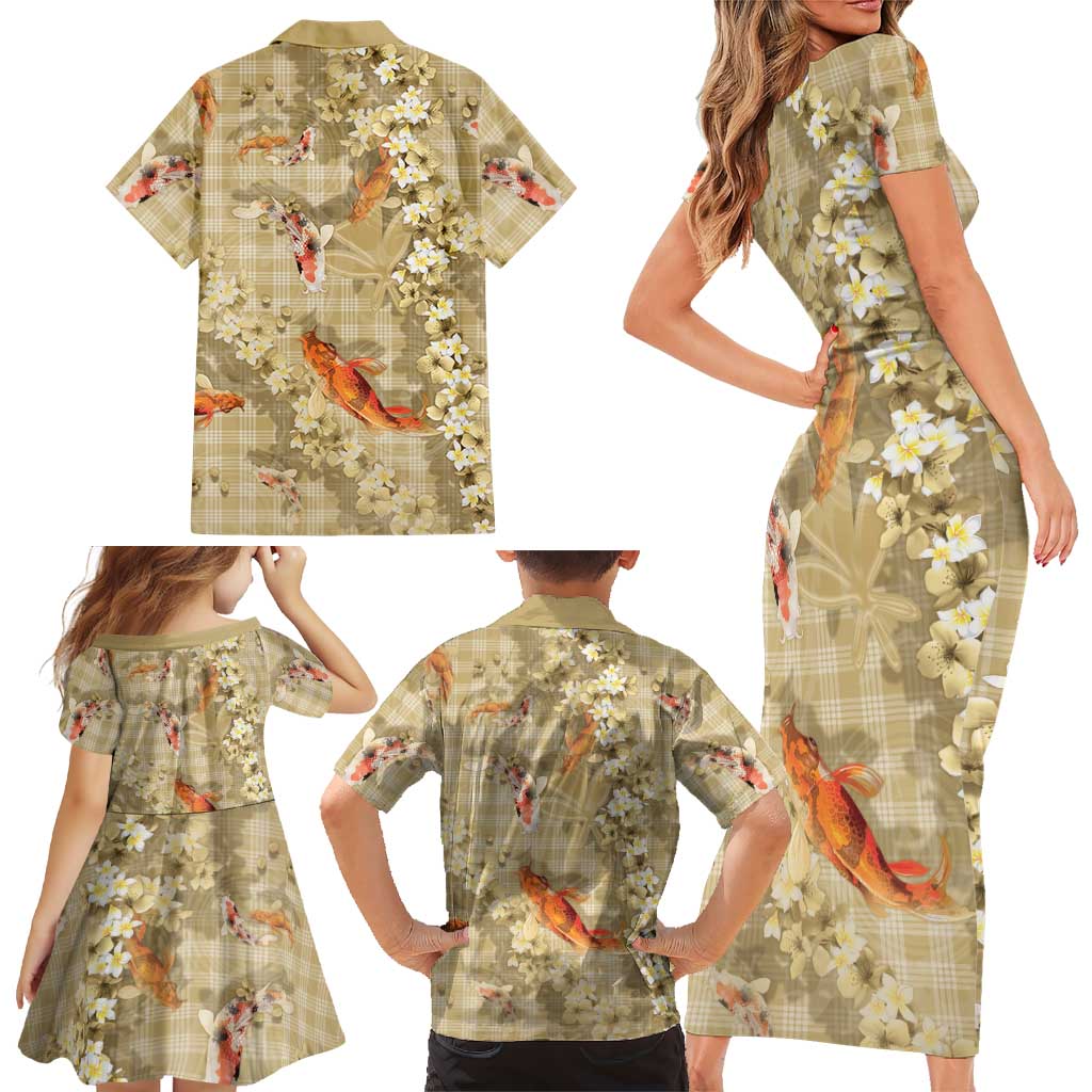 Beige Palaka Hawaiian And Japanese Family Matching Short Sleeve Bodycon Dress and Hawaiian Shirt Sakura Lei With Koi Fish DT05 - Polynesian Pride
