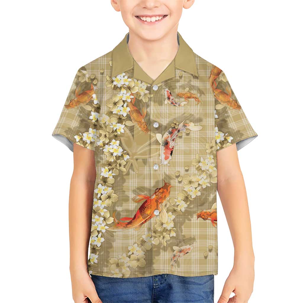 Beige Palaka Hawaiian And Japanese Family Matching Short Sleeve Bodycon Dress and Hawaiian Shirt Sakura Lei With Koi Fish DT05 Son's Shirt Beige - Polynesian Pride