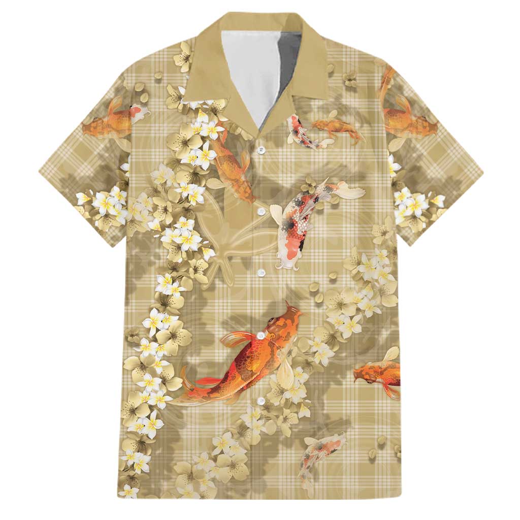 Beige Palaka Hawaiian And Japanese Family Matching Summer Maxi Dress and Hawaiian Shirt Sakura Lei With Koi Fish DT05 Dad's Shirt - Short Sleeve Beige - Polynesian Pride