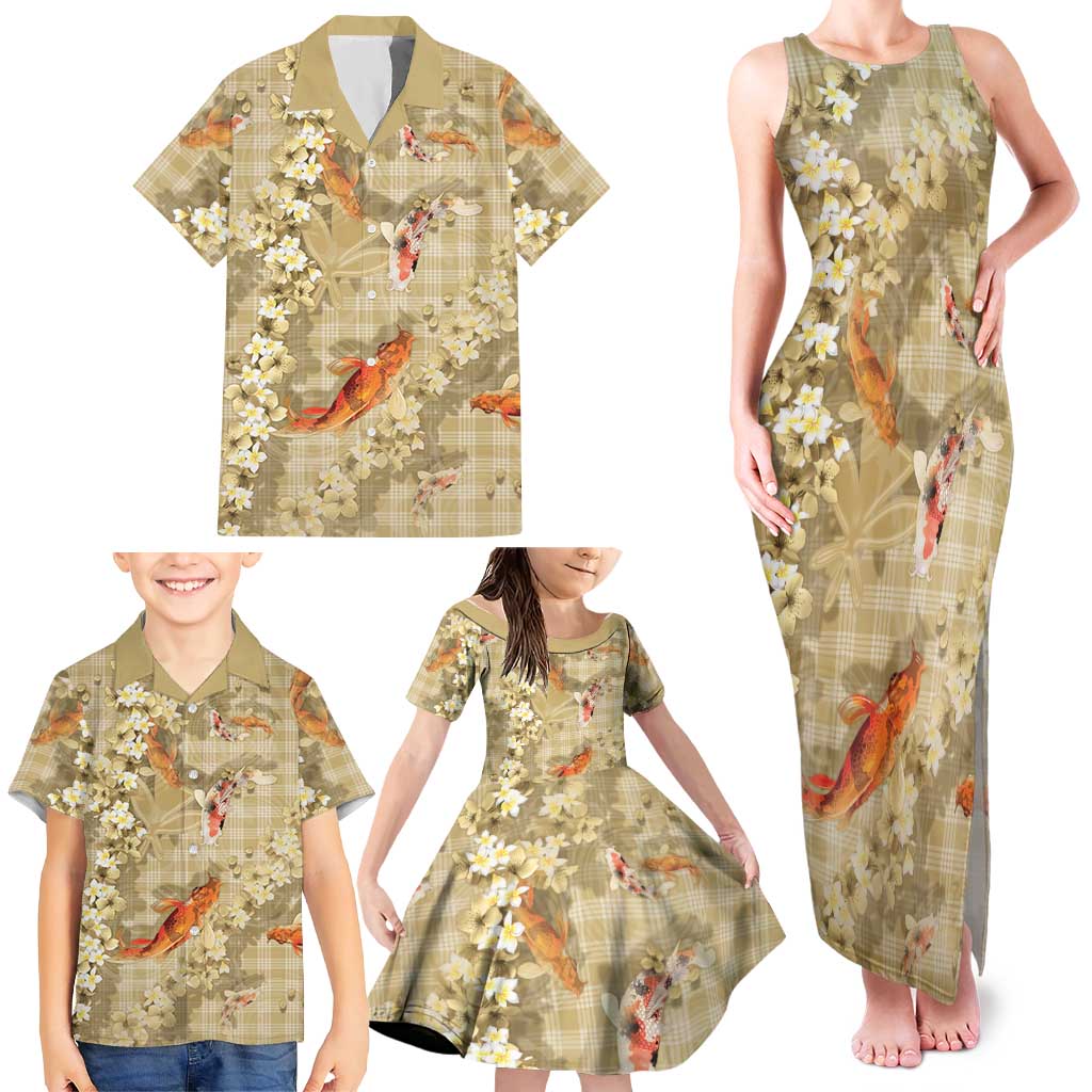 Beige Palaka Hawaiian And Japanese Family Matching Tank Maxi Dress and Hawaiian Shirt Sakura Lei With Koi Fish DT05 - Polynesian Pride