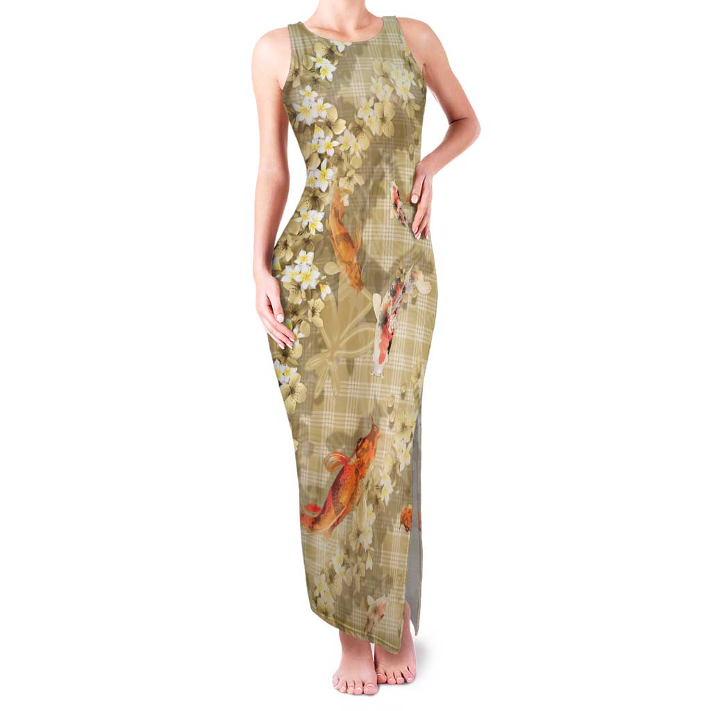 Beige Palaka Hawaiian And Japanese Family Matching Tank Maxi Dress and Hawaiian Shirt Sakura Lei With Koi Fish DT05 Mom's Dress Beige - Polynesian Pride
