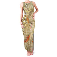 Beige Palaka Hawaiian And Japanese Family Matching Tank Maxi Dress and Hawaiian Shirt Sakura Lei With Koi Fish DT05 Mom's Dress Beige - Polynesian Pride