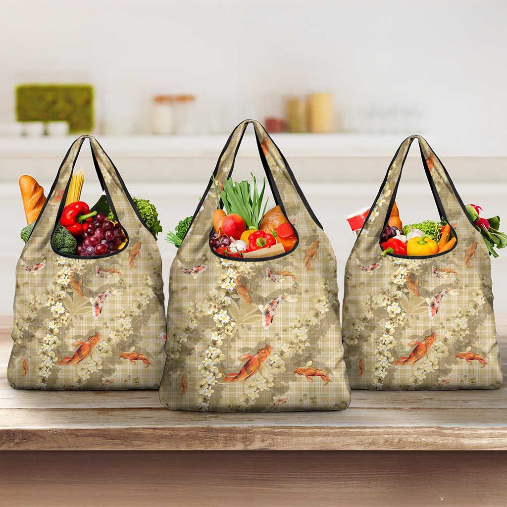 Beige Palaka Hawaiian And Japanese Grocery Bag Sakura Lei With Koi Fish - Polynesian Pride