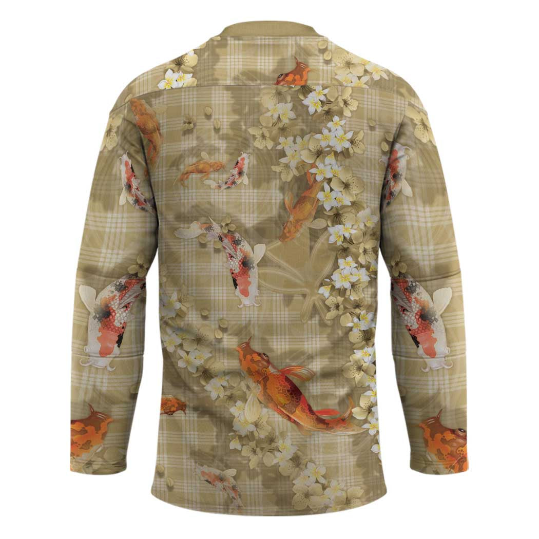Beige Palaka Hawaiian And Japanese Hockey Jersey Sakura Lei With Koi Fish - Polynesian Pride