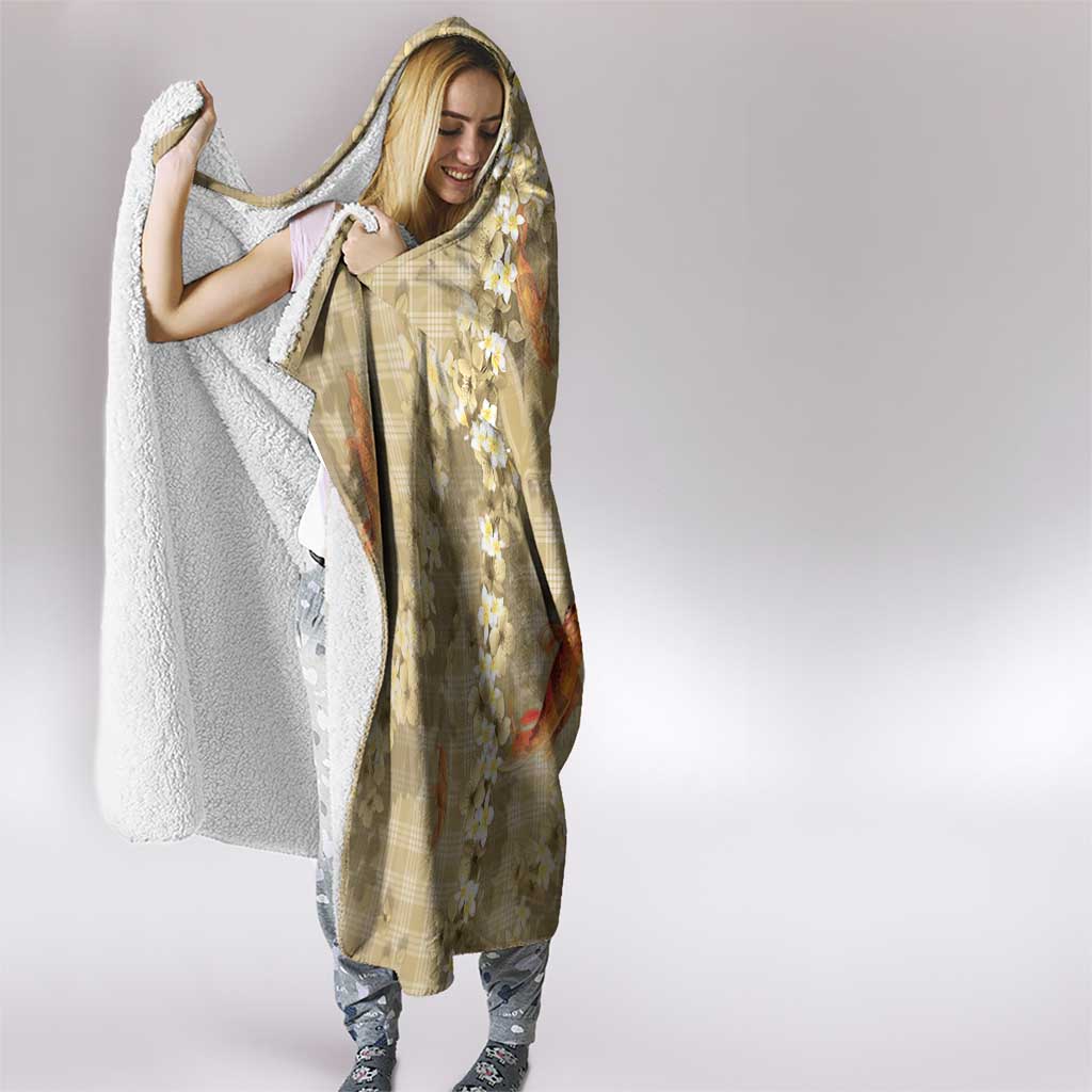 Beige Palaka Hawaiian And Japanese Hooded Blanket Sakura Lei With Koi Fish - Polynesian Pride