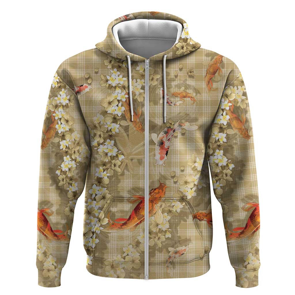 Beige Palaka Hawaiian And Japanese Hoodie Sakura Lei With Koi Fish - Polynesian Pride