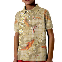 Beige Palaka Hawaiian And Japanese Kid Polo Shirt Sakura Lei With Koi Fish - Polynesian Pride