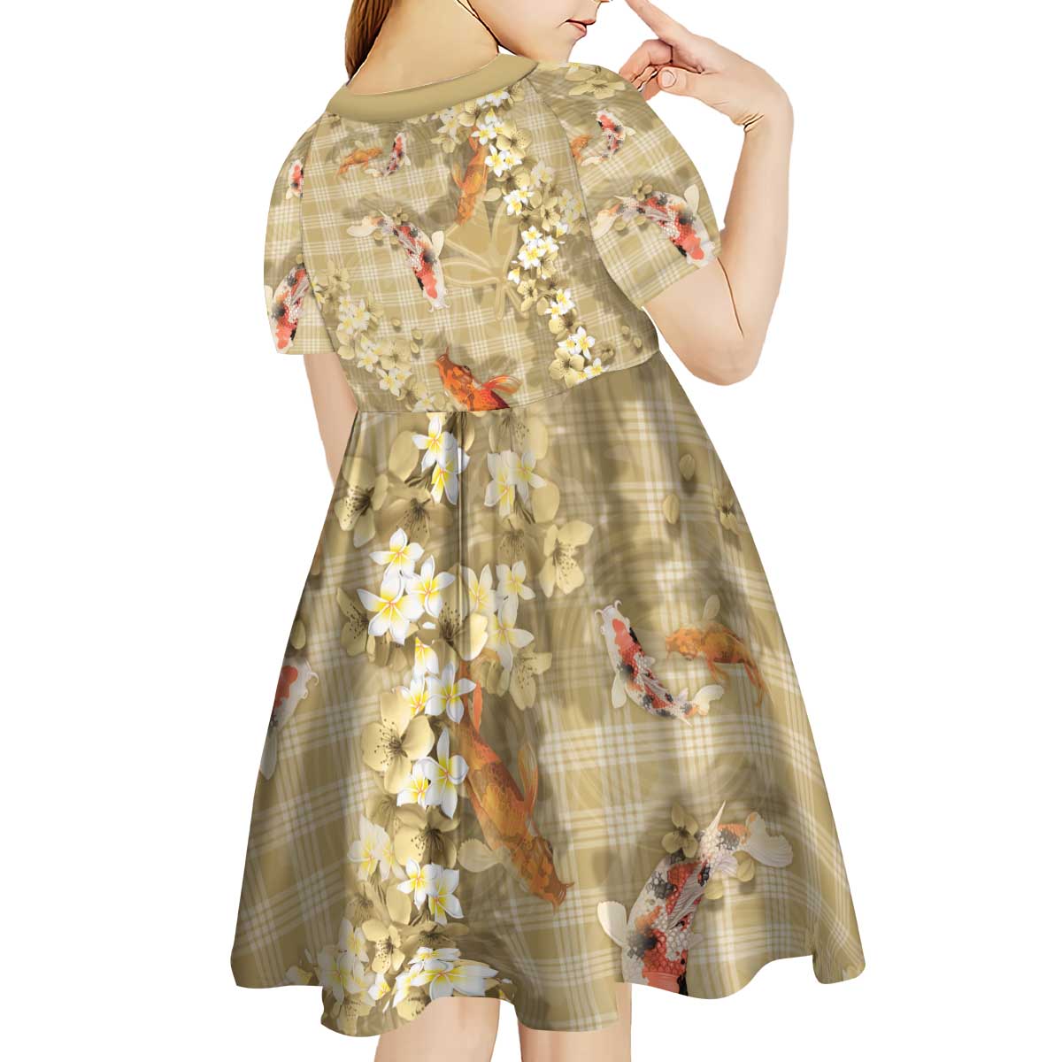 Beige Palaka Hawaiian And Japanese Kid Short Sleeve Dress Sakura Lei With Koi Fish - Polynesian Pride