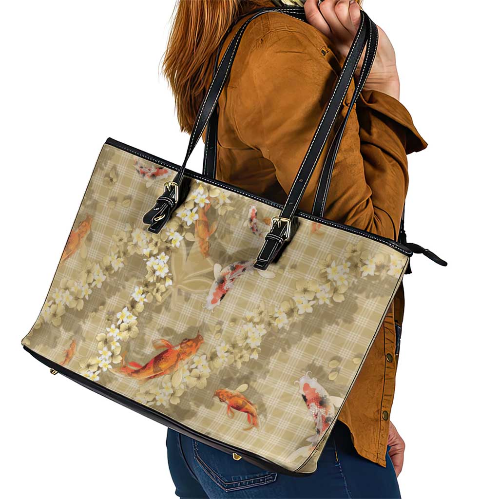 Beige Palaka Hawaiian And Japanese Leather Tote Bag Sakura Lei With Koi Fish - Polynesian Pride