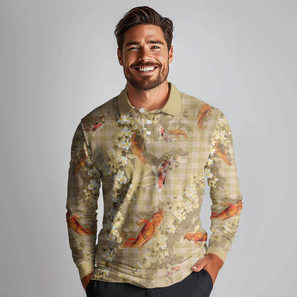 Beige Palaka Hawaiian And Japanese Long Sleeve Polo Shirt Sakura Lei With Koi Fish - Polynesian Pride