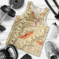 Beige Palaka Hawaiian And Japanese Men Tank Top Sakura Lei With Koi Fish - Polynesian Pride