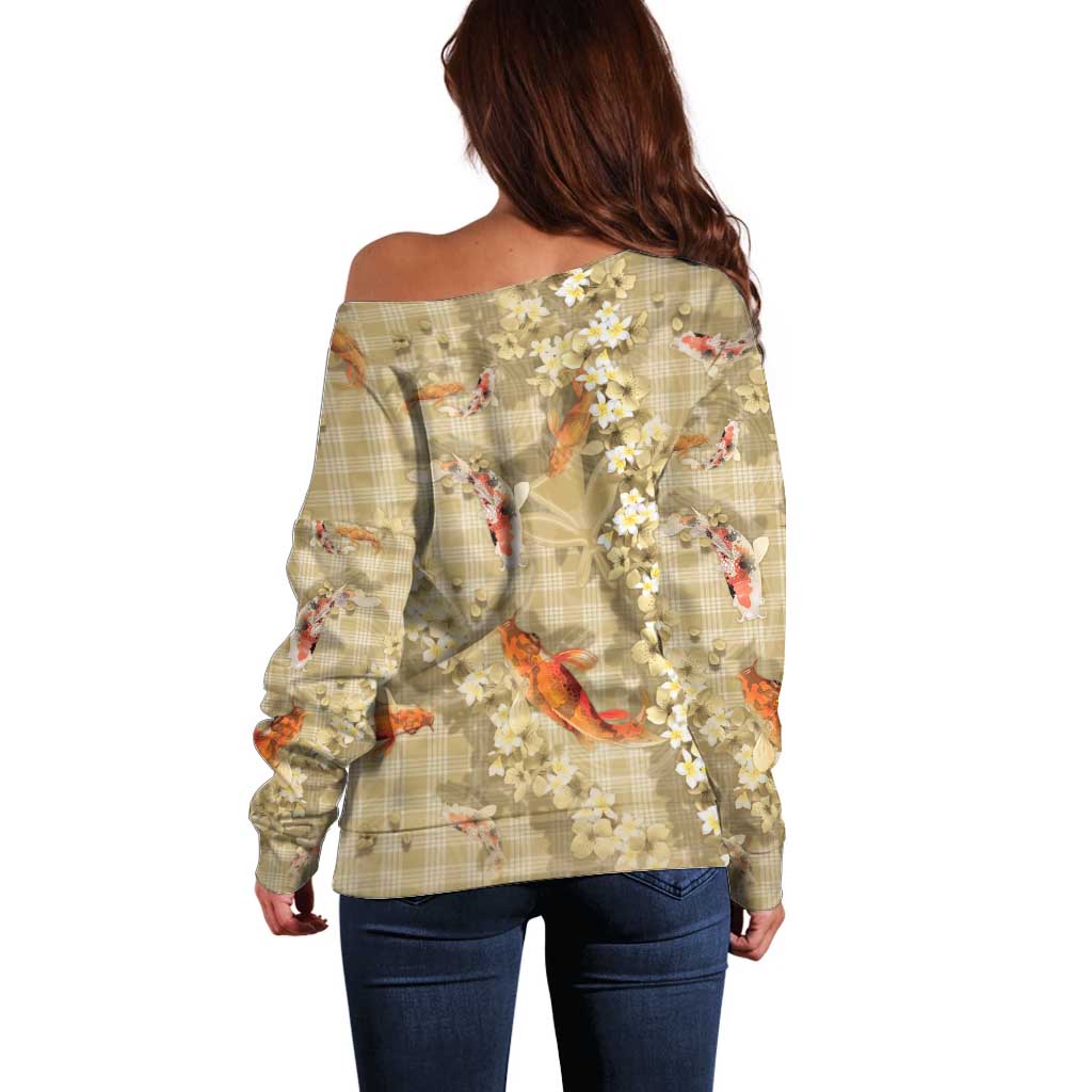 Beige Palaka Hawaiian And Japanese Off Shoulder Sweater Sakura Lei With Koi Fish - Polynesian Pride