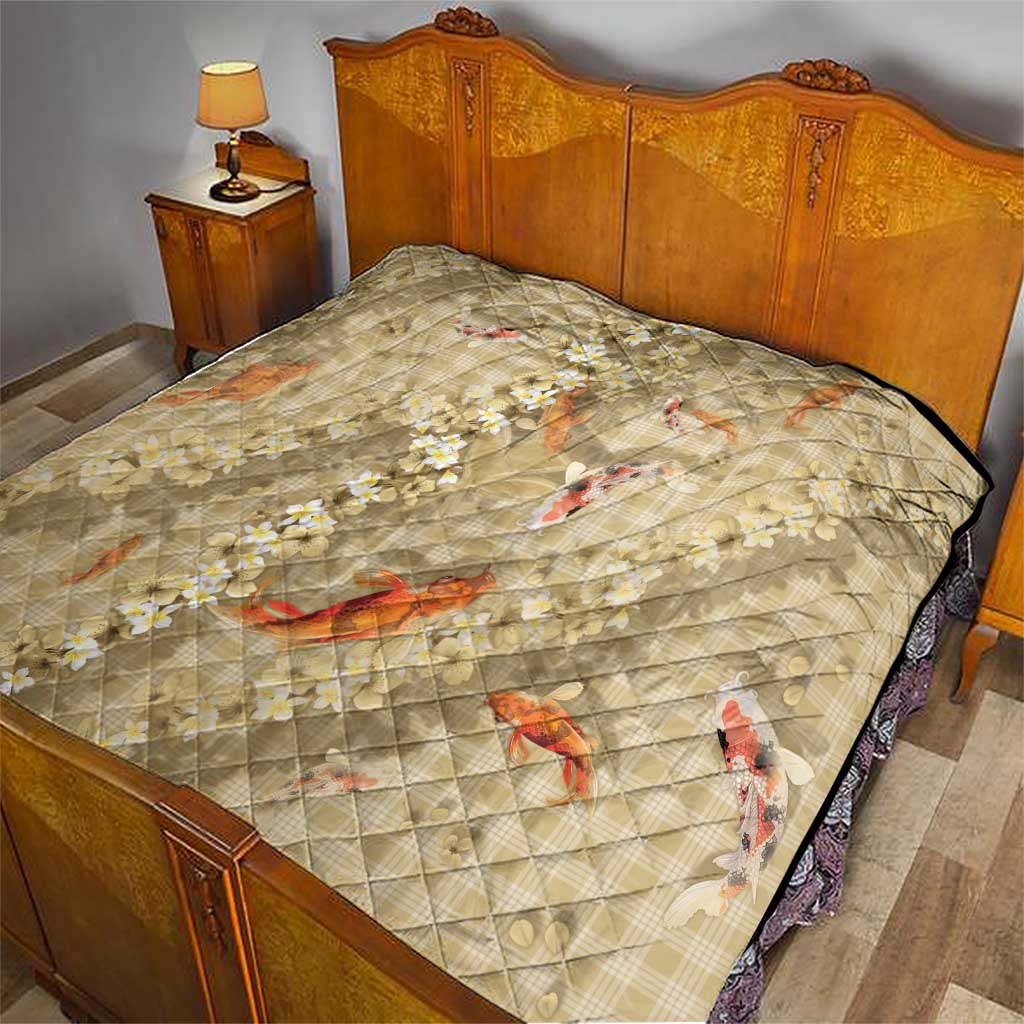 Beige Palaka Hawaiian And Japanese Quilt Sakura Lei With Koi Fish - Polynesian Pride