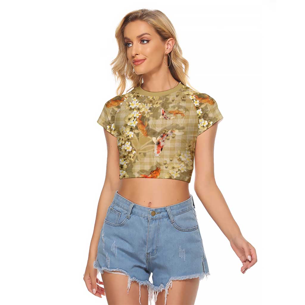 Beige Palaka Hawaiian And Japanese Raglan Cropped T Shirt Sakura Lei With Koi Fish - Polynesian Pride