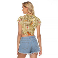 Beige Palaka Hawaiian And Japanese Raglan Cropped T Shirt Sakura Lei With Koi Fish - Polynesian Pride