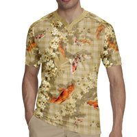 Beige Palaka Hawaiian And Japanese Rugby Jersey Sakura Lei With Koi Fish - Polynesian Pride