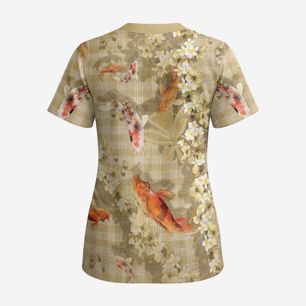 Beige Palaka Hawaiian And Japanese Scrub Top Sakura Lei With Koi Fish - Polynesian Pride