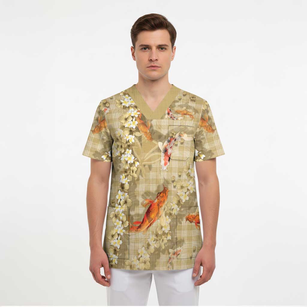 Beige Palaka Hawaiian And Japanese Scrub Top Sakura Lei With Koi Fish - Polynesian Pride