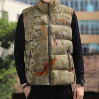 Beige Palaka Hawaiian And Japanese Sleeveless Puffer Jacket Sakura Lei With Koi Fish - Polynesian Pride
