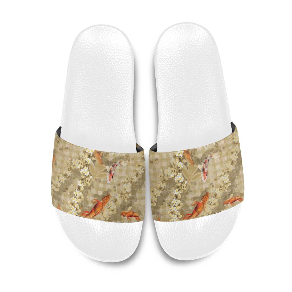 Beige Palaka Hawaiian And Japanese Slide Sandals Sakura Lei With Koi Fish - Polynesian Pride