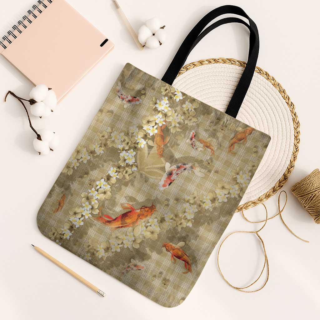 Beige Palaka Hawaiian And Japanese Tote Bag Sakura Lei With Koi Fish - Polynesian Pride