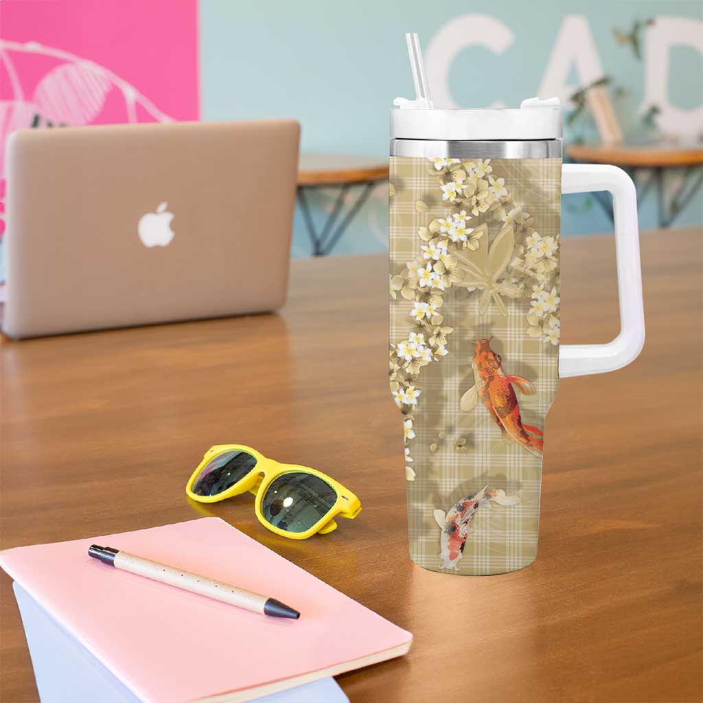 Beige Palaka Hawaiian And Japanese Tumbler With Handle Sakura Lei With Koi Fish - Polynesian Pride