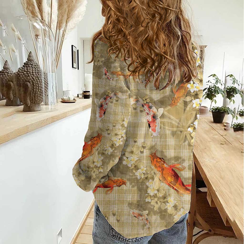 Beige Palaka Hawaiian And Japanese Women Casual Shirt Sakura Lei With Koi Fish - Polynesian Pride