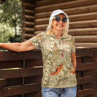 Beige Palaka Hawaiian And Japanese Women Polo Shirt Sakura Lei With Koi Fish - Polynesian Pride