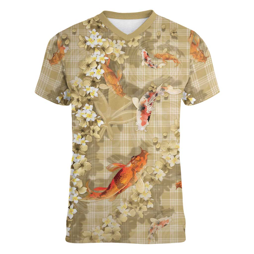 Beige Palaka Hawaiian And Japanese Women V-Neck T-Shirt Sakura Lei With Koi Fish - Polynesian Pride