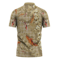Beige Palaka Hawaiian And Japanese Zipper Polo Shirt Sakura Lei With Koi Fish - Polynesian Pride