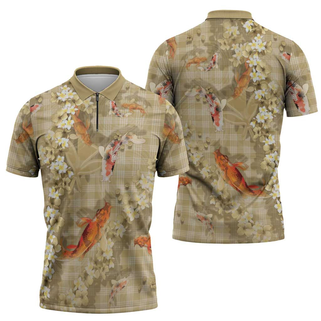 Beige Palaka Hawaiian And Japanese Zipper Polo Shirt Sakura Lei With Koi Fish - Polynesian Pride