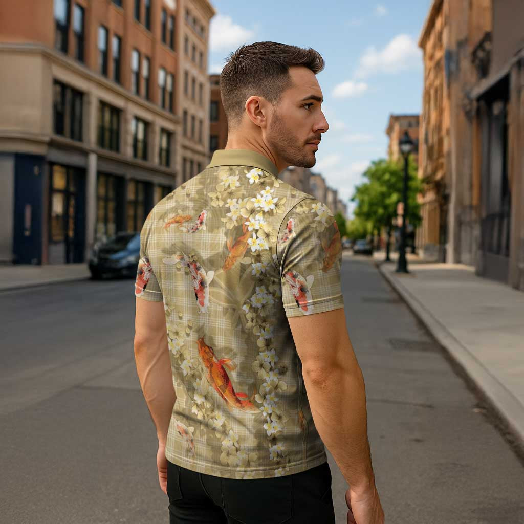Beige Palaka Hawaiian And Japanese Zipper Polo Shirt Sakura Lei With Koi Fish - Polynesian Pride