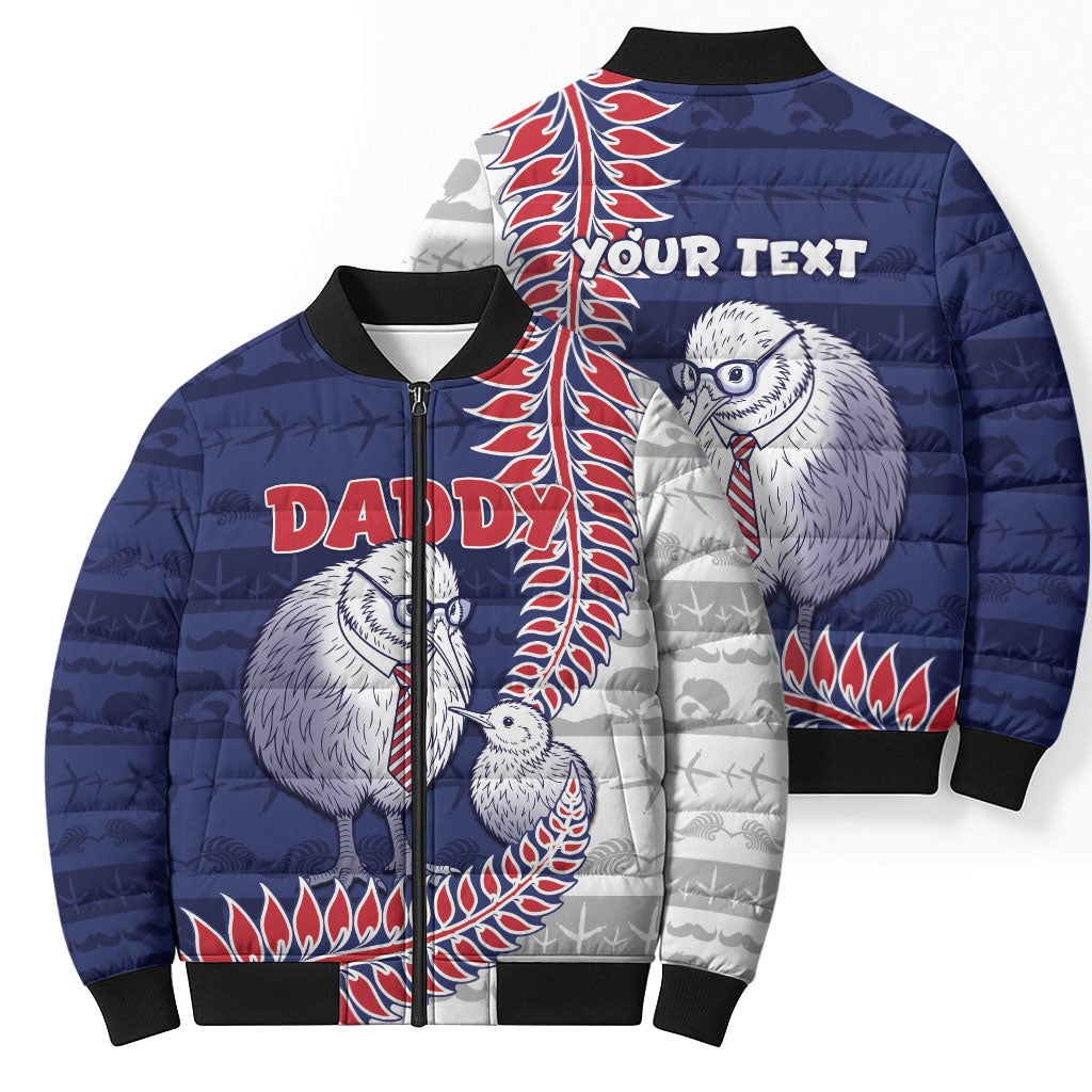 Personalised New Zealand Father's Day Bomber Puffer Jacket Daddy Kiwi Bird Silver Ferns