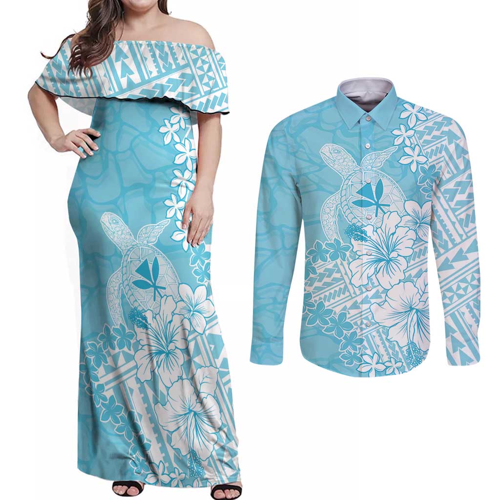 Hawaii Kanaka Maoli Couples Matching Off Shoulder Maxi Dress and Long Sleeve Button Shirt Polynesian Turtle Tattoo DT05 Blue - Polynesian Pride