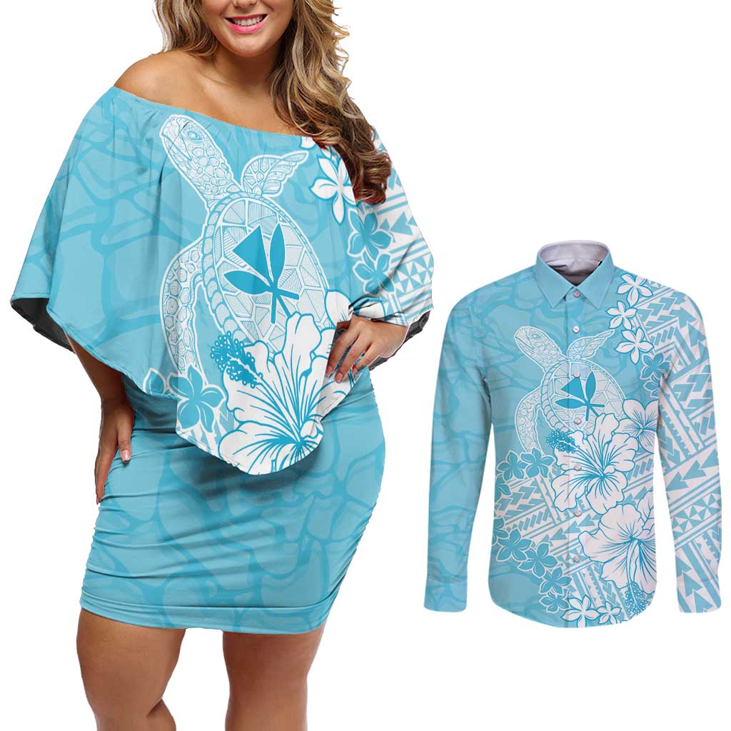 Hawaii Kanaka Maoli Couples Matching Off Shoulder Short Dress and Long Sleeve Button Shirt Polynesian Turtle Tattoo DT05 Blue - Polynesian Pride