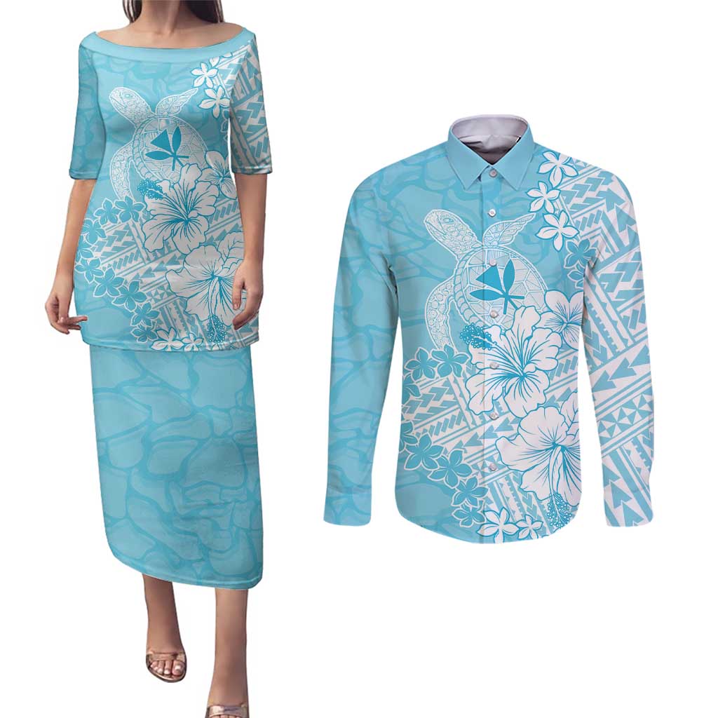 Hawaii Kanaka Maoli Couples Matching Puletasi and Long Sleeve Button Shirt Polynesian Turtle Tattoo DT05 Blue - Polynesian Pride