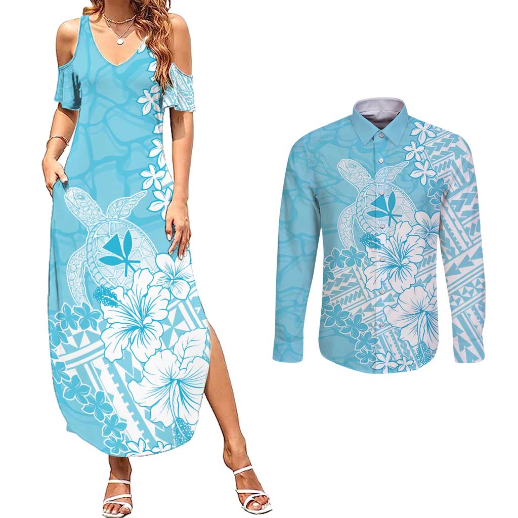 Hawaii Kanaka Maoli Couples Matching Summer Maxi Dress and Long Sleeve Button Shirt Polynesian Turtle Tattoo DT05 Blue - Polynesian Pride